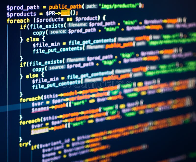 PHP code on the screen, extreme close up. Orange, green and white coding. Source code script stock images, royalty-free photos and pictures