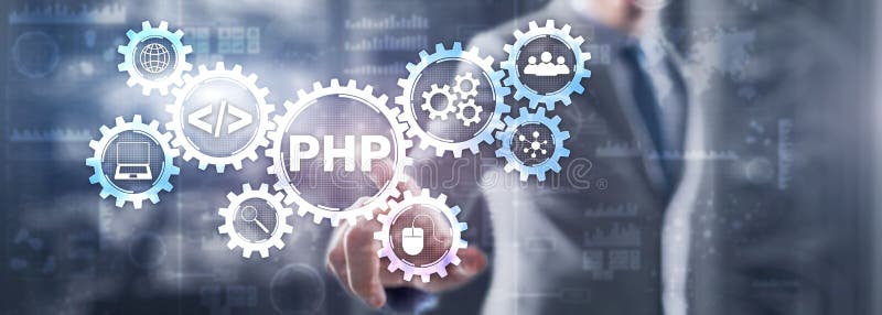 PHP coding Concept. Programmer search. Technology Background.