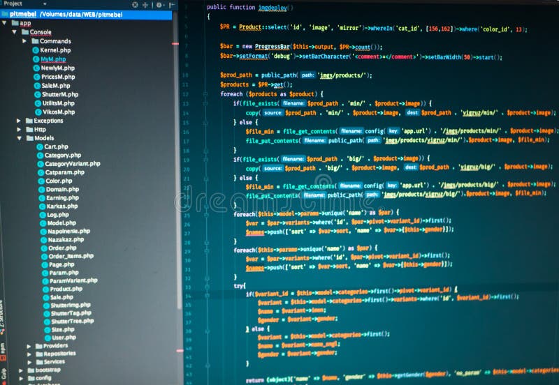 Php developing of the site in the code editor. Php code in the code editor. Source code script stock images, royalty-free photos and pictures