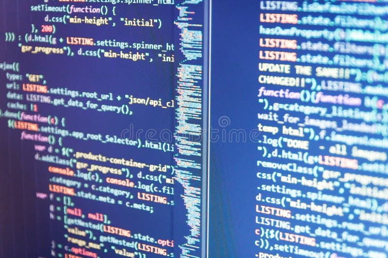 PHP development, software site code, Abstract concept graphic technology element Abstract software process, Front-end applications in the color concept, Internet app development and design. Source code script stock images, royalty-free photos and pictures