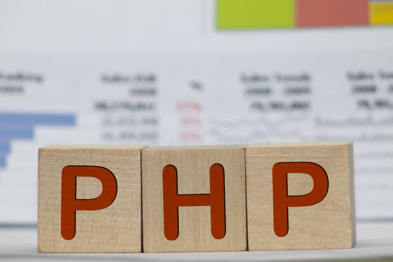 Php - isolated text in wooden building blocks stock photo