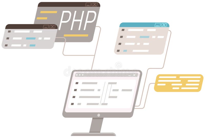 работа над веб-разработкой. концепция написания и программирования на php javascript python других языках иллюстрация вектора