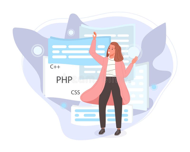 编写脚本编码的软件开发人员. 工程师字符编程php python javascript其他语言 库存例证