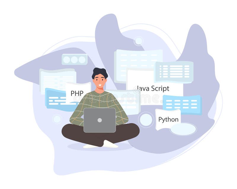 编写脚本编码的软件开发人员. 工程师字符编程php python javascript其他语言 库存例证