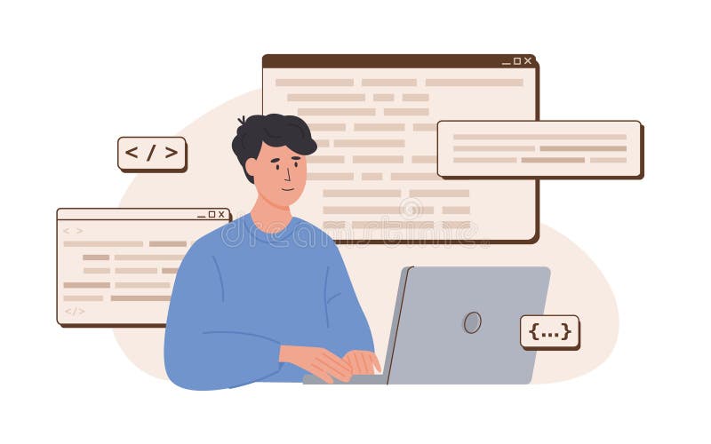 программист, работающий над веб-разработкой в php python javascript на экране виртуального компьютера. программное обеспечение иллюстрация вектора