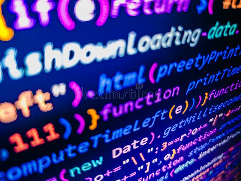 プログラミングコード。最新のデジタル技術の背景。PHP開発、ソフトウェアサイトコード。最小化されたJavaScriptのスニペット、インターネットで最も使用されているプログラミング言語。 ロイヤリティフリーストックフォトグラフィー