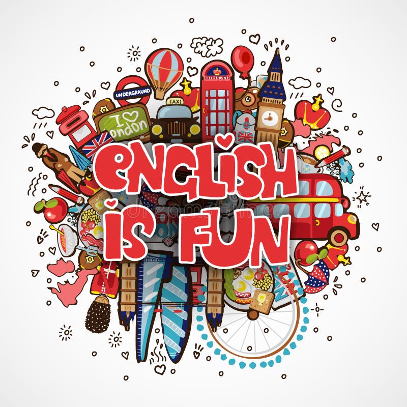 Phrase ENGLISH is FUN Educational and Travelling Concept. English is Fun  Vector Cartoon Illustration, Lettering about Editorial Photography -  Illustration of foreign, hand: 128434217