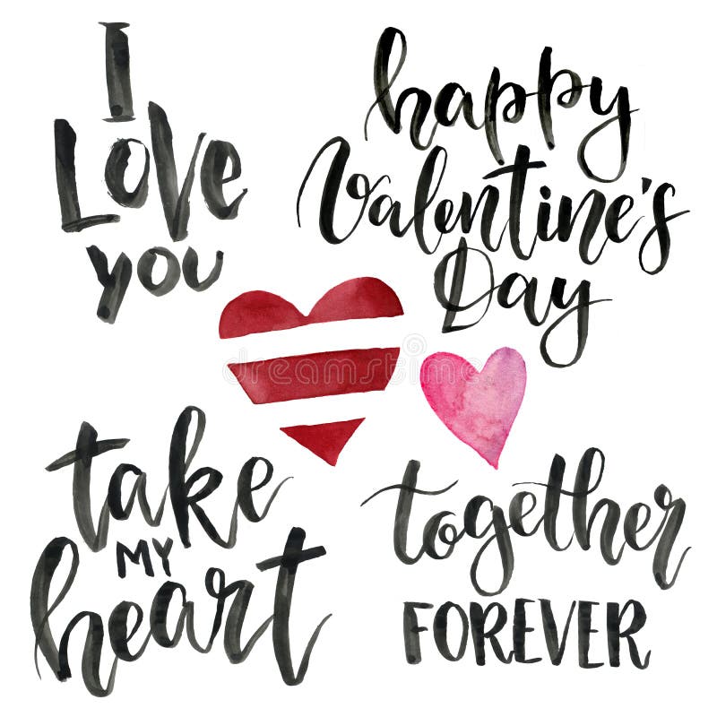 Phrases for Valentine`s Day: I love you, take my heart, happy Valentine`s Day, together forever. Watercolor illustration stock illustration Phrases for Valentine`s Day: I love you, take my heart, happy Valentine`s Day, together forever. Watercolor illustration stock illustration
