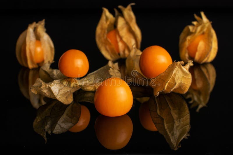 Physalis anaranjado fresco aislado sobre el vidrio negro imagen de archivo Physalis anaranjado fresco aislado sobre el vidrio negro imagen de archivo