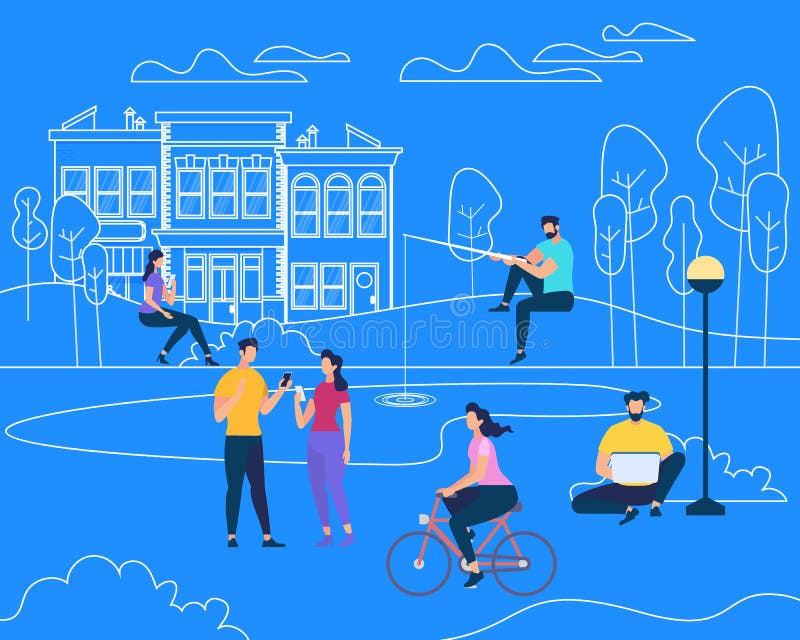 Physical Activity People Engaged in Summer Outdoor Sports, Cycling, Fishing, Walking Dog, Chatting on Blue Background with Outline City Buildings and Nature Elements. Cartoon Flat Vector Illustration. Physical Activity People Engaged in Summer Outdoor Sports, Cycling, Fishing, Walking Dog, Chatting on Blue Background with Outline City Buildings and Nature Elements. Cartoon Flat Vector Illustration.