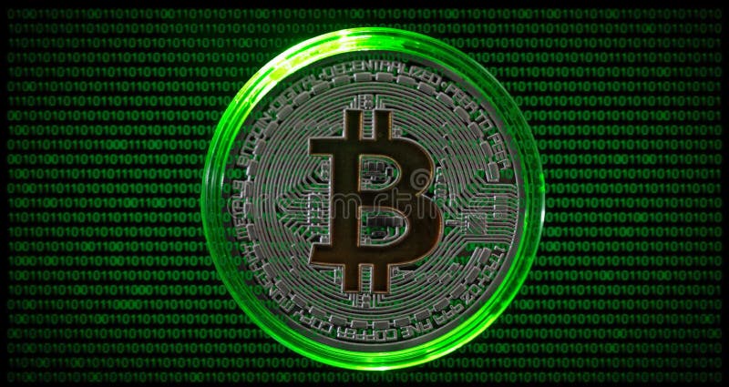 Physical Bitcoin With Green Binary Code Background Stock Illustration - Illustration of mining ...
