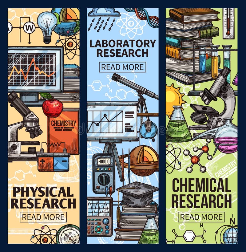 Physical, laboratory and chemical research, science banners with scientific equipment. Microscope and flasks, researching devices and books. Tubes for experiments and diagnostics, computer. Physical, laboratory and chemical research, science banners with scientific equipment. Microscope and flasks, researching devices and books. Tubes for experiments and diagnostics, computer