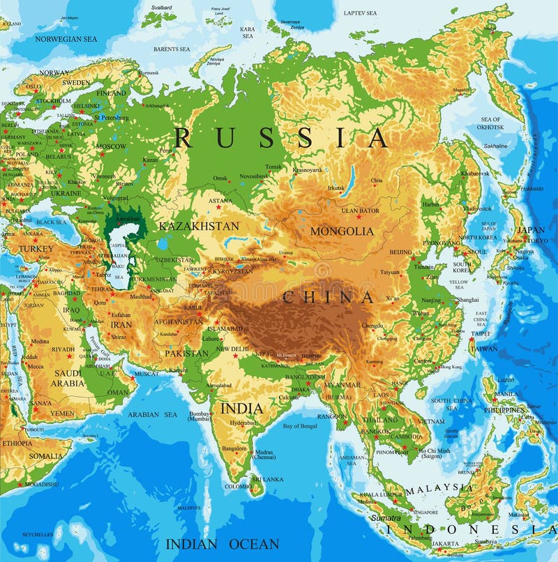 Vysoce detailní fyzikální mapa Asie, ve vektorovém formátu, se všemi reliéf formy.