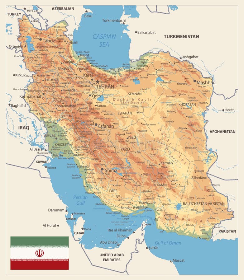 Physical map of Iran Retro Colors. Image contains layers with shaded contours, land names, city names, water objects and it`s names