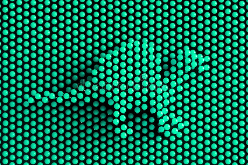 Physical pixel art - prehistoric dinosaur. Lots of green pixel details. Symbolic abstract background or backdrop. Optical illusion