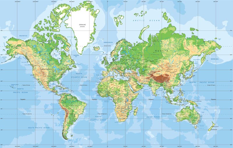 Physical World map in Mercator projection.