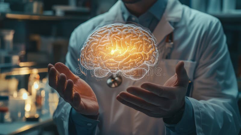 Physician Analyzing Holographic Brain Model for Mental Health Assessment royalty free stock photo