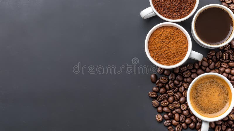 Piacere in una vista di chiusura di diverse tazze per caffè circondate da fagioli e campi perfetti per qualsiasi collezione di app illustrazione di stock