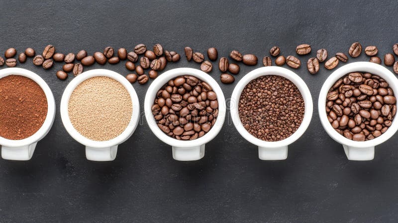 Piacere in una vista di chiusura di diverse tazze per caffè circondate da fagioli e campi perfetti per qualsiasi collezione di app illustrazione vettoriale