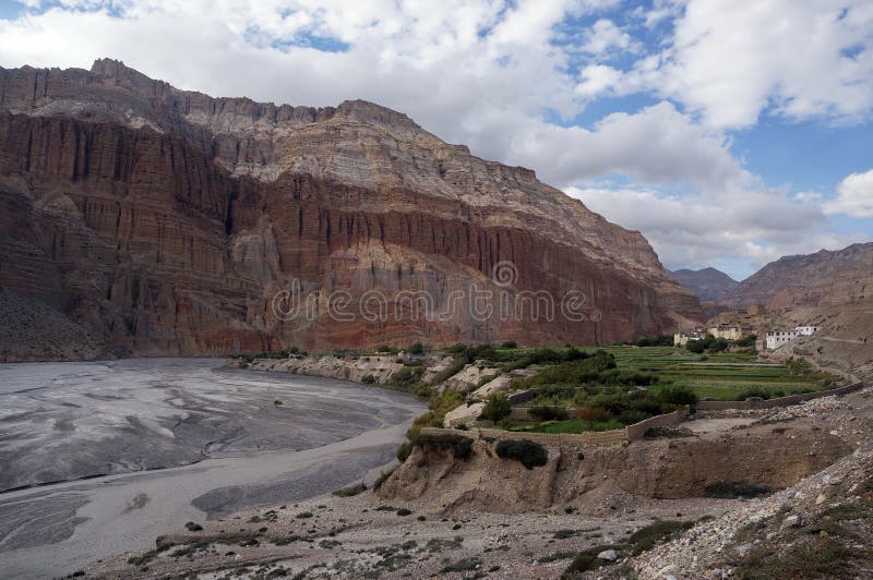 Upper Mustang. Nepal. Floodplain of Kali Gandaki River and vegetable garden, against the backdrop of the mountain. Upper Mustang. Nepal. Floodplain of Kali Gandaki River and vegetable garden, against the backdrop of the mountain.