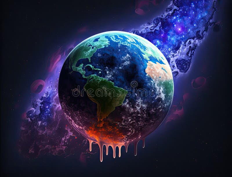 Pianeta Terra fuso in uno spazio colorato profondo tra stelle nebulose e costellazioni riscaldamento globale royalty illustrazione gratis