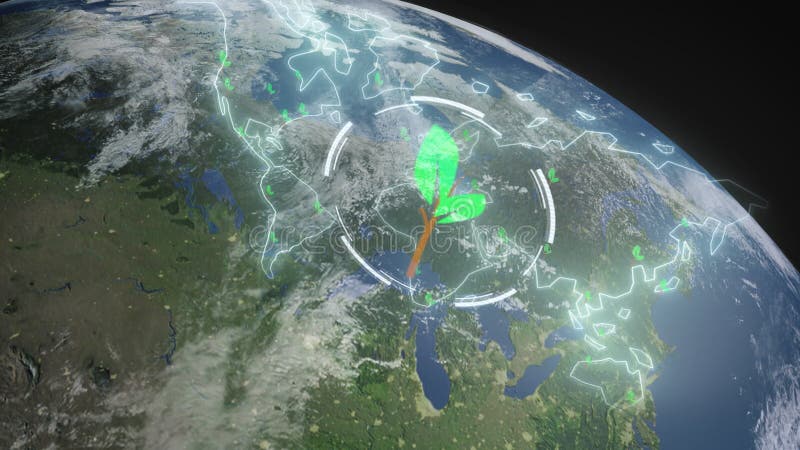 Pianeta terra illuminata gradualmente dal sole. realtà aumentata mostrando il pittogramma delle piante sulla mappa del mondo, anim