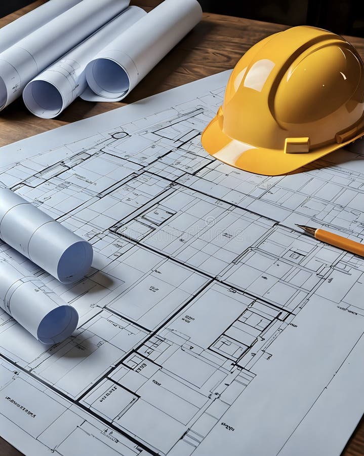 Piani di costruzione e carrello fisso sul piano di pianificazione del cantiere illustrazione vettoriale