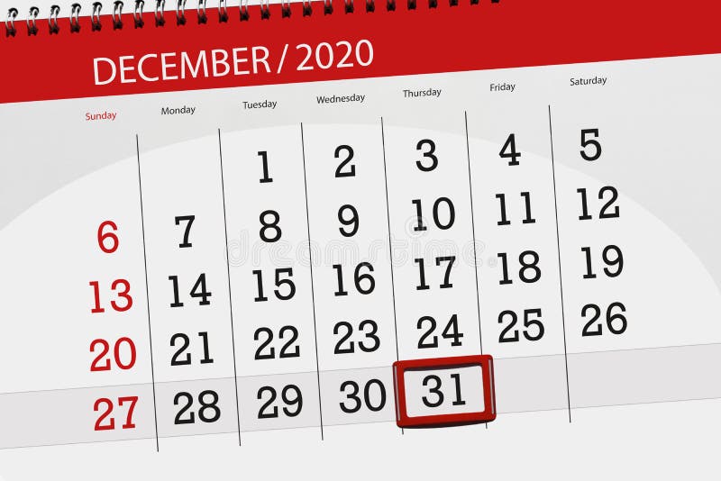 Pianificatore di calendario per la scadenza del mese dicembre 2020 giorno 31 giovedì