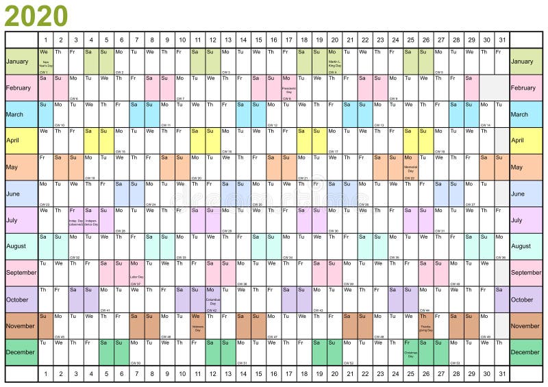 Pianificatore 2020 U.S.A. lineare di anno nei colori differenti royalty illustrazione gratis Pianificatore 2020 U.S.A. lineare di anno nei colori differenti royalty illustrazione gratis