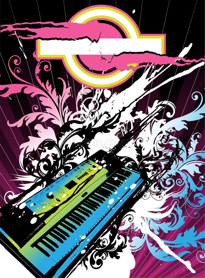 Retro style piano with huge broken banner for music event promotion.