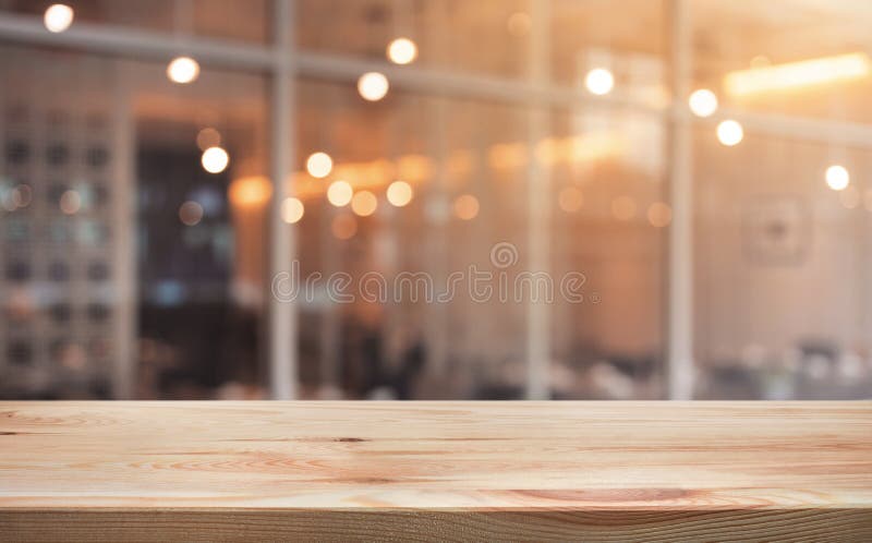 Piano d'appoggio di legno con il caffè leggero dell'oro, fondo del ristorante