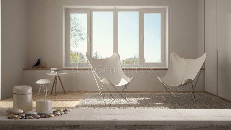 Piano d'appoggio o scaffale d'annata di legno con le candele ed i ciottoli, umore di zen, sopra il salone bianco minimalista vuot immagini stock libere da diritti Piano d'appoggio o scaffale d'annata di legno con le candele ed i ciottoli, umore di zen, sopra il salone bianco minimalista vuot immagini stock libere da diritti
