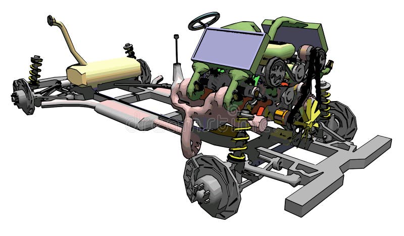 Plan of car chassis showing wheels, transmission engine and suspension. EPS10. Plan of car chassis showing wheels, transmission engine and suspension. EPS10.