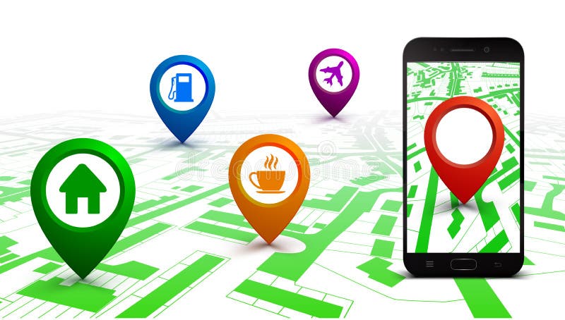 Piano della città con navigazione di GPS, smartphone di navigazione dell'itinerario della mappa della città, indicatore del punto