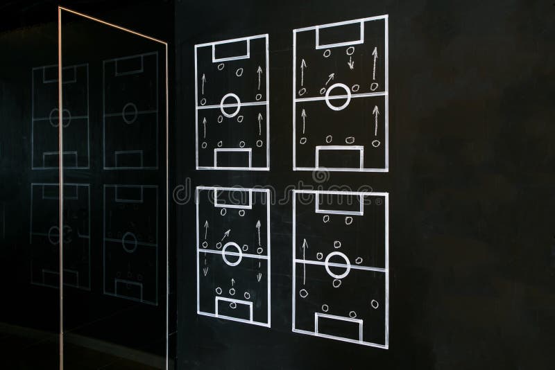 Piano di calcio o di calcio sulla lavagna con strategia di tattiche immagini stock libere da diritti Piano di calcio o di calcio sulla lavagna con strategia di tattiche immagini stock libere da diritti