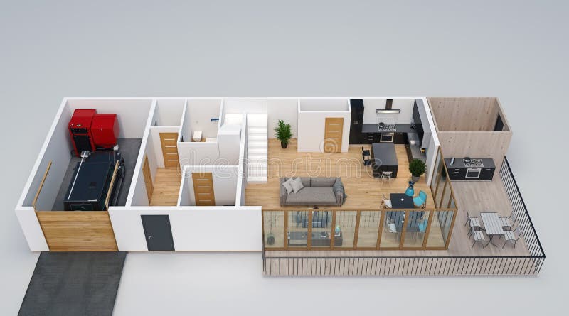 Piano di pavimentazione 3d, vista isometrica della casa con garage, terrazza, ponte, cucina esterna e scale al secondo piano illustrazione vettoriale