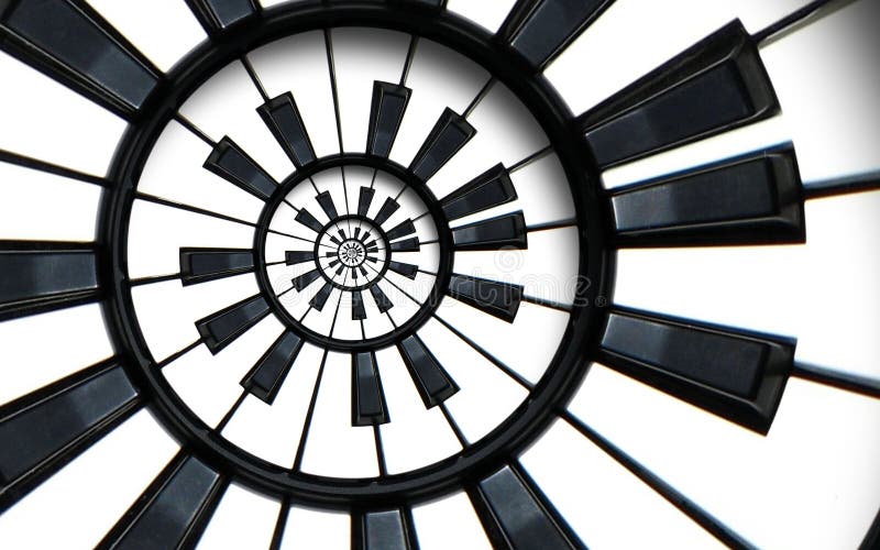 Piano keyboard printed music abstract fractal circle pattern background. Black and white piano round keys. Spiral Piano helical pa royalty free stock images