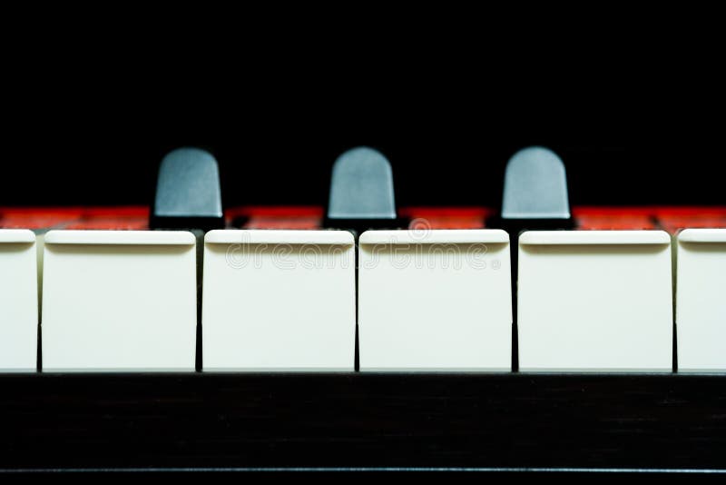 Piano keys front view on a black background, closeup stock image