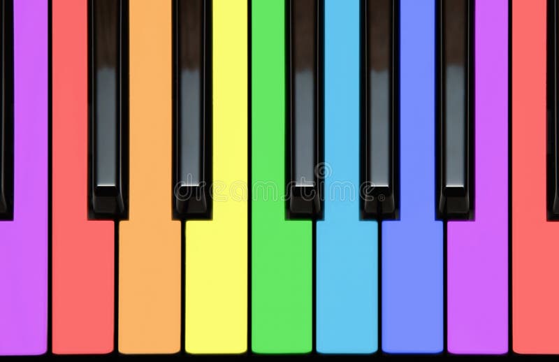 Tutorial, educativo istruttori illustrazione colorata tasti di pianoforte, tastiera, note diverse in tutti i colori dell'arcobaleno per una facile memorizzazione da parte di bambini.