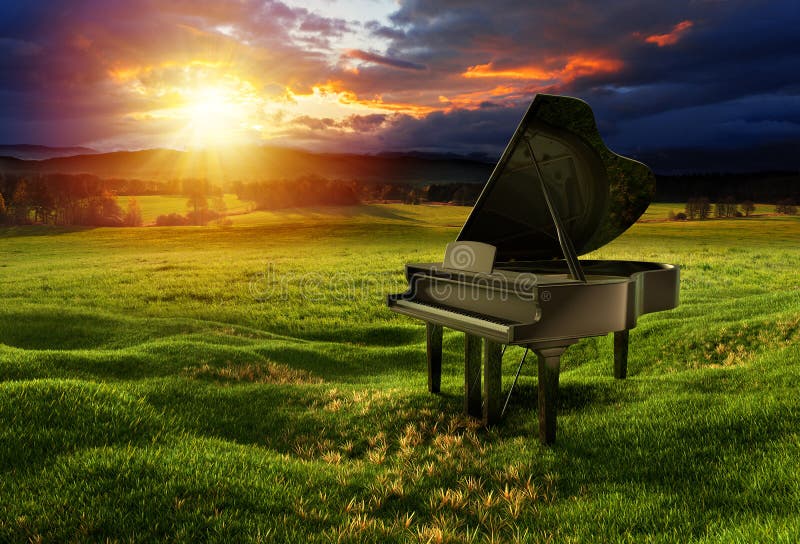 Piano on the meadow under the dramatic sky