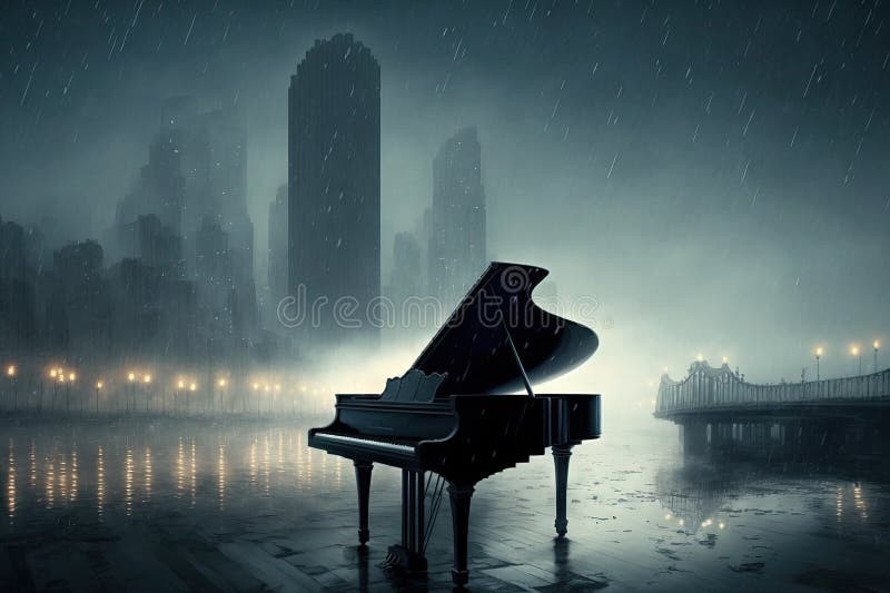 A Piano in the Rain in Front of a Foggy Metropolis Stock Illustration