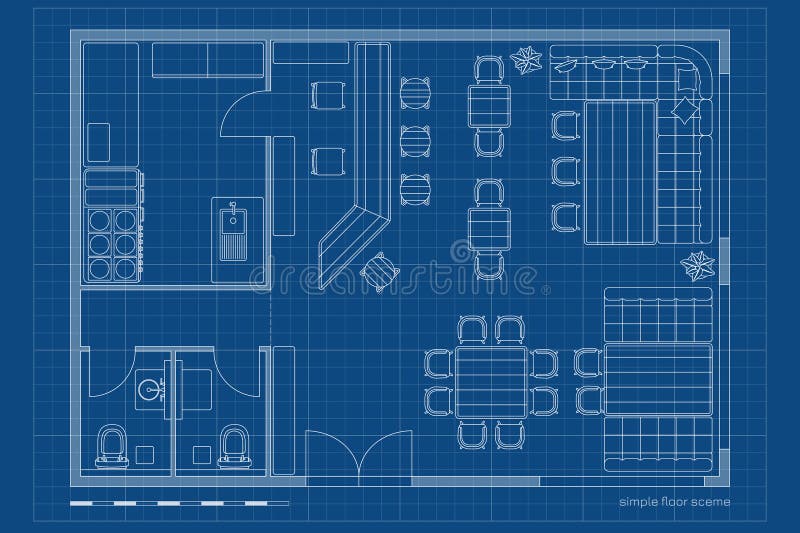 Piano piano piano piano ristorante. disegno di un caffè architettonico. sistema interno bar. mappa lineare industriale. progetto d royalty illustrazione gratis