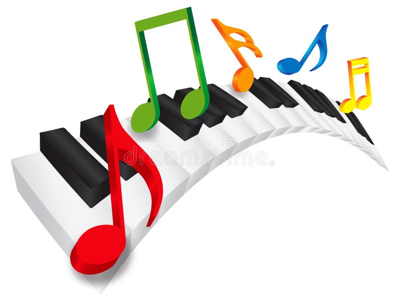 Piano Keyboard with Black and White Wavy Keys and Colorful Music Notes in 3D Isolated on White Background Illustration. Piano Keyboard with Black and White Wavy Keys and Colorful Music Notes in 3D Isolated on White Background Illustration