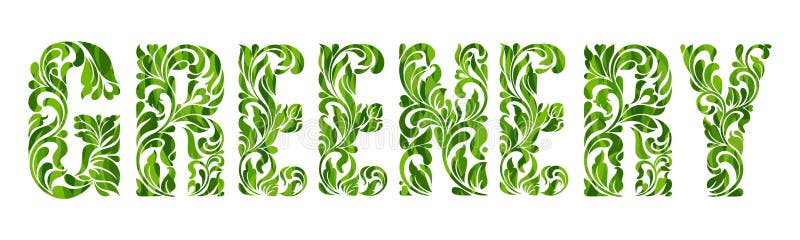 Pianta - colore dell'anno 2017 Fonte decorativa con i turbinii e gli elementi floreali royalty illustrazione gratis Pianta - colore dell'anno 2017 Fonte decorativa con i turbinii e gli elementi floreali royalty illustrazione gratis