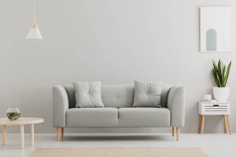 Pianta verde su un gabinetto scandinavo con il cassetto e su uno strato accogliente con i cuscini in un interno grigio e semplice immagini stock