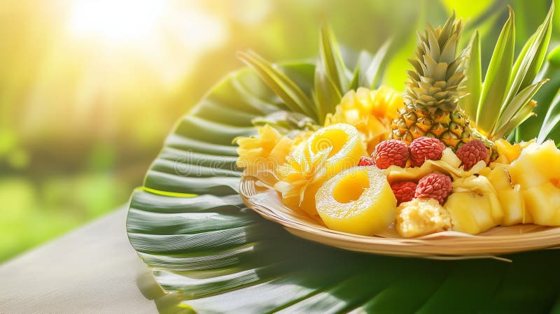 Piante di frutta tropicali eleganti con fiori di ananas intagliati in luce calda al sole, create con utensili generici AI illustrazione vettoriale