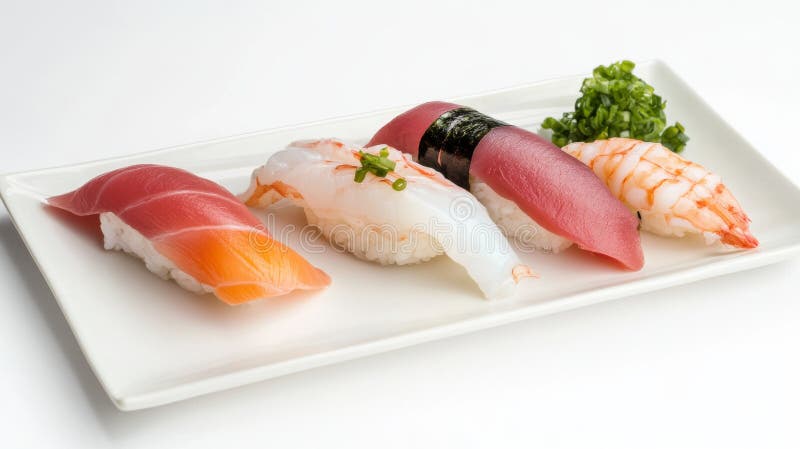 Piante di sushi con vari tipi di frutti di mare servite su una piastra bianca immagine stock libera da diritti