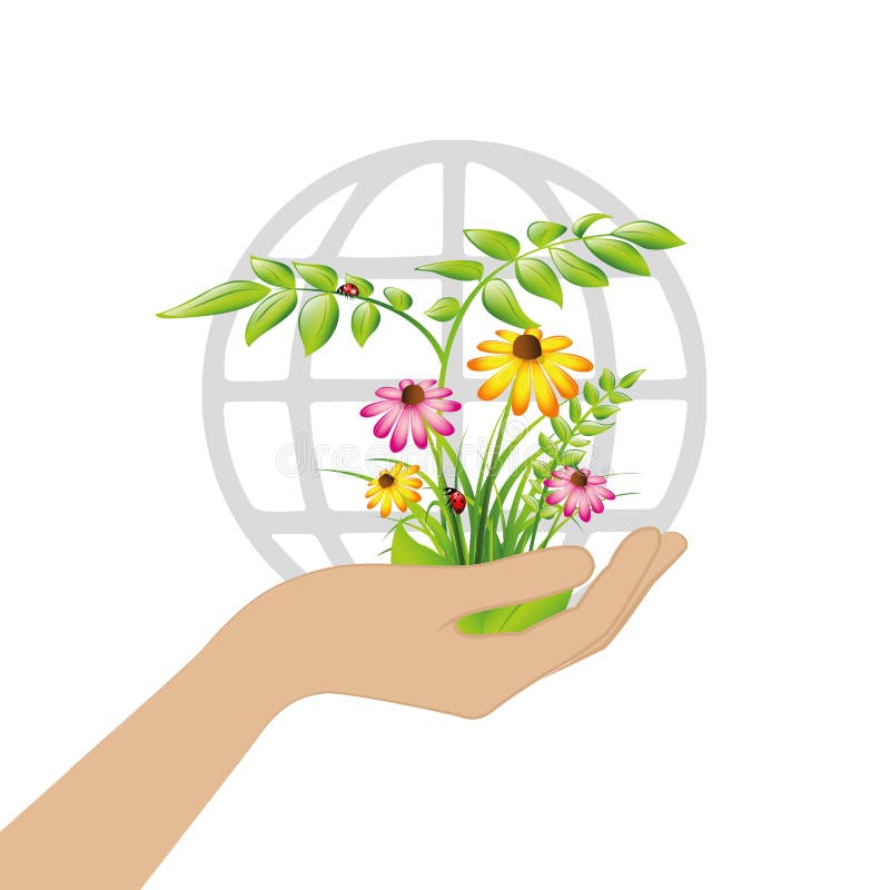 Piante e fiori femminili della tenuta della mano per terra royalty illustrazione gratis Piante e fiori femminili della tenuta della mano per terra royalty illustrazione gratis