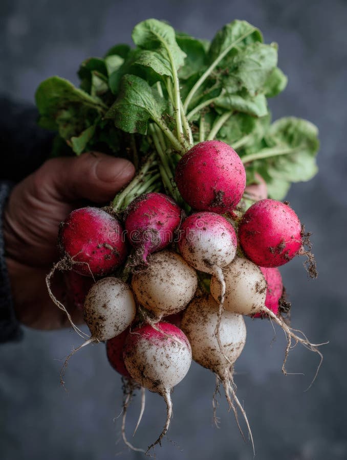 Piante Mano Di Ravanelli, rincarati, con colori vivaci e prodotti freschi freschi sul mercato fotografia stock