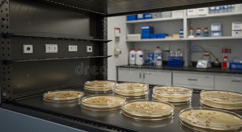 Piante Petri di laboratorio con colture batteriche in un moderno centro di ricerca royalty illustrazione gratis